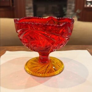Vintage MCM Kemple Glass SUNBURST Amberina Footed Dish Bowl Gradient Red Amber